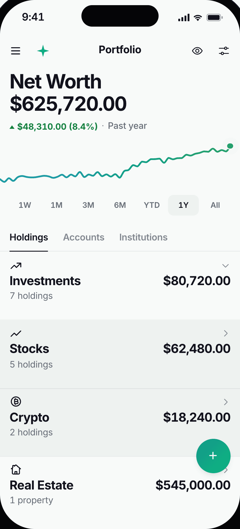 The Whealth app's Portfolio screen: net worth with a one-year chart, investments, stocks, crypto and real estate